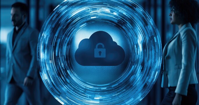 Secure digital cloud portal with lock, people walking on sides