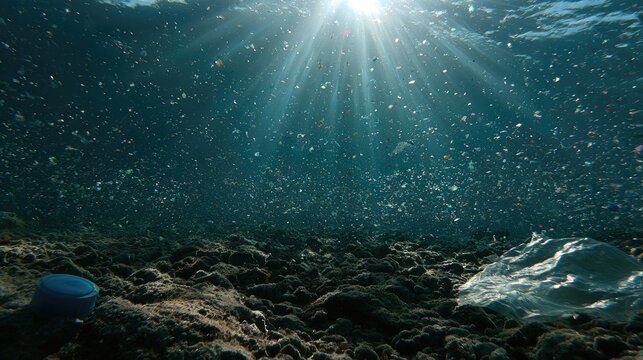Sunlight Rays Penetrating Deep Blue Ocean Water Above Rocky Seabed.