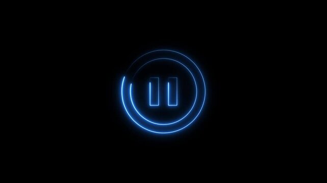 neon glowing video Pause button icon with blue circle animation. pause button in circle, video pause or play button sign with black background.
