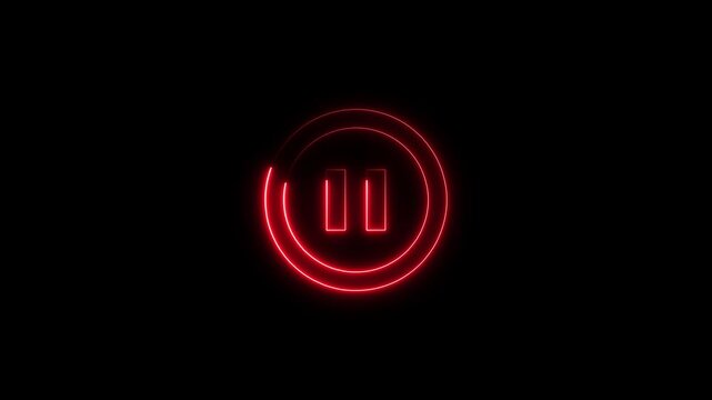neon glowing video Pause button icon with red circle animation. pause button in circle, video pause or play button sign with black background.