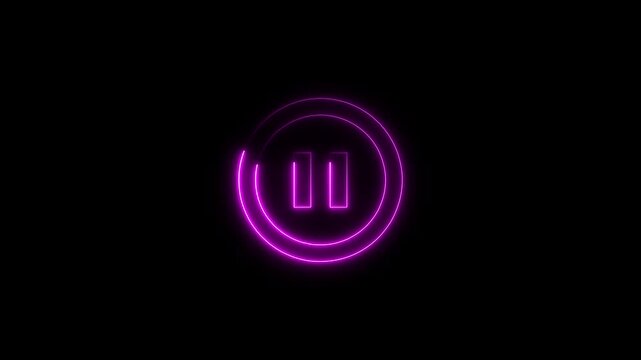 neon glowing video Pause button icon animation. pause button in circle, video pause or play button sign with black background.