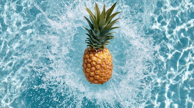 A Fresh Pineapple Floating in Crystal Clear Blue Water.