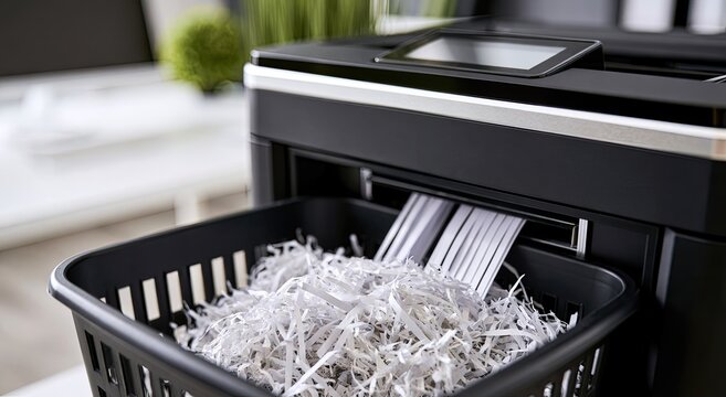 Close-up of a paper shredder in action, destroying documents into small strips.
