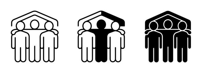 Obraz premium Teamwork and Unity Icons: Group of People Under Shelter, Community Support, Collaboration Symbols