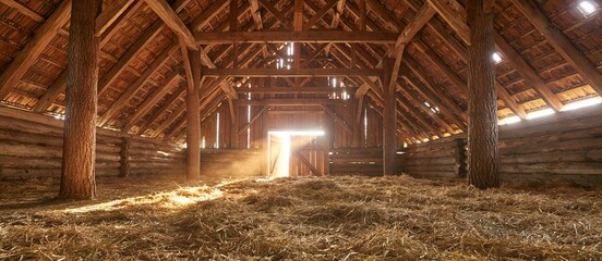 Naklejka premium Barn interior with rustic wooden beams and sunlight rays streaming over dry hay