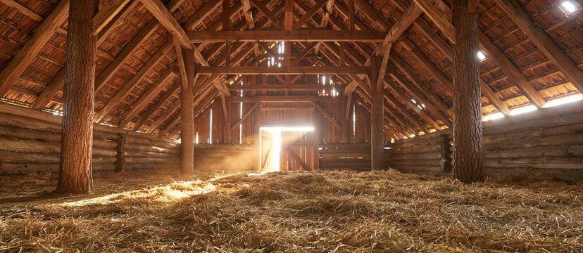 Barn interior with rustic wooden beams and sunlight rays streaming over dry hay