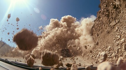 Fototapeta premium Massive Rockslide and Debris Cloud Engulfs Roadway.