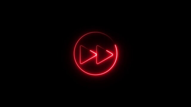 Glowing neon line Rewind button icon neon isolated on black background. 4K animation Video graphic.