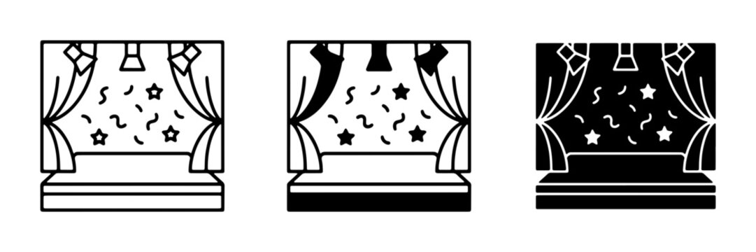 Stage Spotlight Icons, Performance Theater Set, Celebration Event Graphics, Curtain Reveal Vector Art