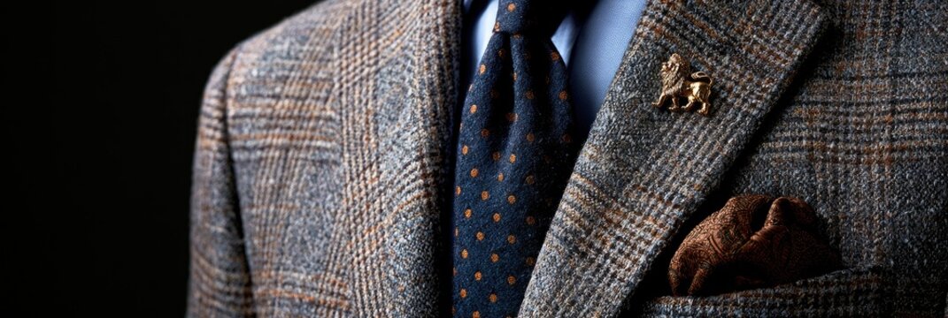 Elegant Mans Plaid Suit with Tie and Pocket Square Detail.