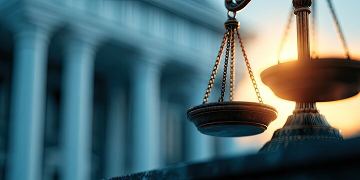Symbol of Justice Scales of Justice in front of a courthouse at sunset.