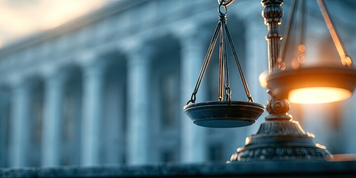 Symbol of Justice Scales of Justice in front of a Courthouse Building.