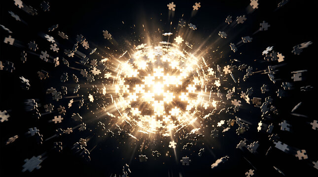 Exploding sphere of jigsaw puzzle pieces with golden light on black background