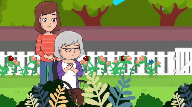 2D animation of a caring young woman pushing an elderly senior woman in a wheelchair outdoors park caregiving