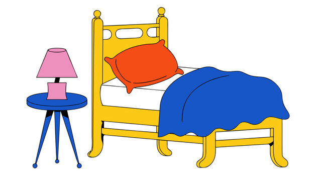 Bright child bedroom setup with cozy bunk bed with paired matching blue side table pink lampshade vibrant bedroom bedroom illustration bedroom bedroom furnishings