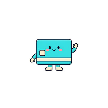 Cute cartoon blue credit card character waving hello as a friendly mascot for money and finance