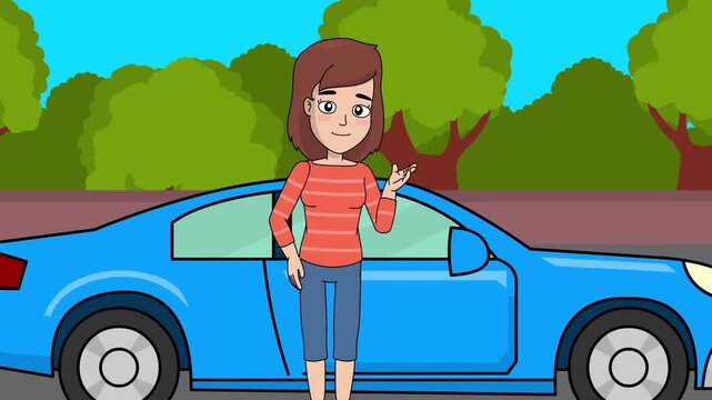 2D animation of a young woman standing in front of a blue sedan car parked along a street travel car concept