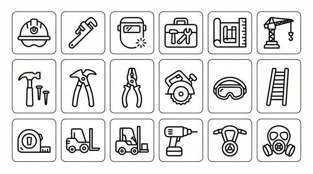Set of construction tools and industrial equipment line art icons