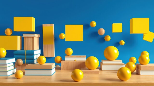 Abstract composition. Books, spheres, cubes float above wooden surface. Bright colors create playful scene. Minimalist design.