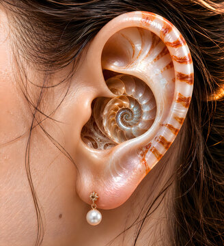 Woman wearing pearl earrings and intricate floral ear cuff on ear
