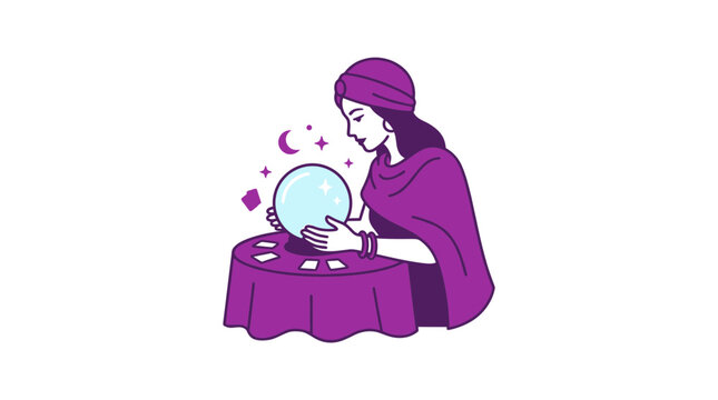Fortune teller with crystal ball and cards on table