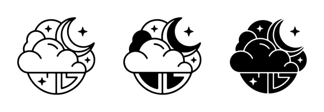 Night Sky Icons: Crescent Moon, Clouds, Stars, and Abstract Symbol Set. Versatile Vector Graphics for Branding and Design.