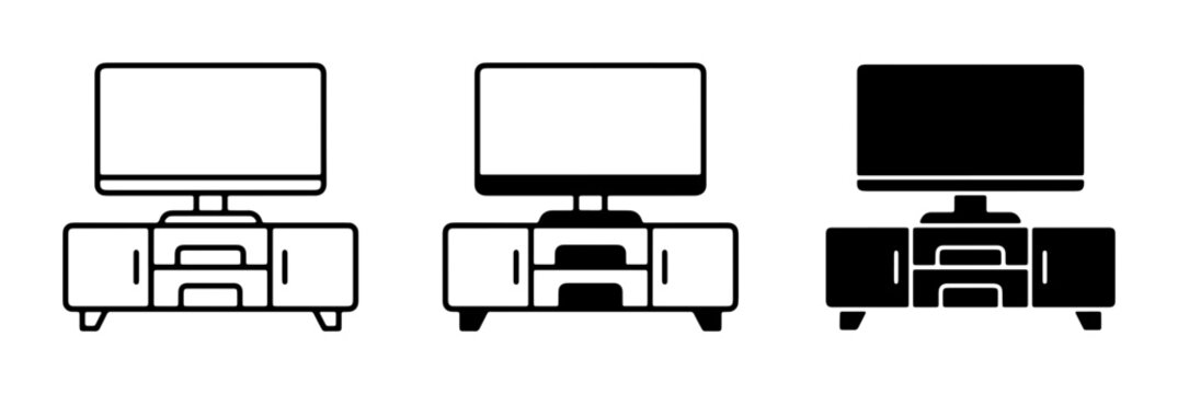Modern TV Stand Icons, Entertainment Unit Vector Graphics, Media Console Set, Black and White Furniture Illustrations for Home Decor
