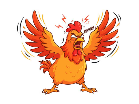 A cartoon illustration of an angry and aggressive rooster roaring with wings spread wide.
