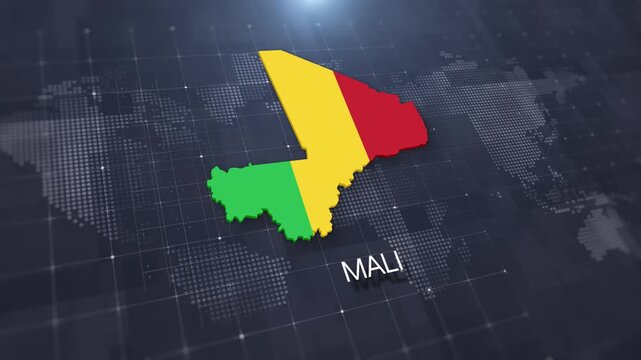 Mali map with national flag on digital world map background, geographic border, global political and international news concept