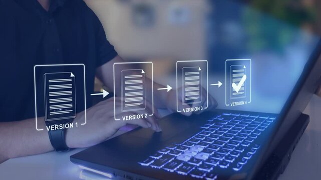Document version control and revision history concept. digital files, change tracking, online document control, edit approval workflow, verified update