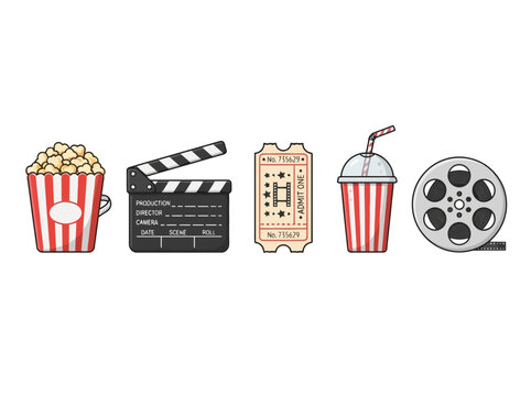 A collection of hand drawn cinema and movie theater themed icons.