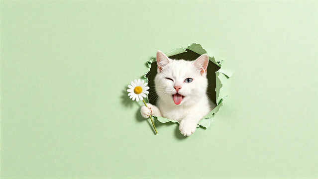 Cute white cat peeking through torn green paper winking and holding a daisy flower