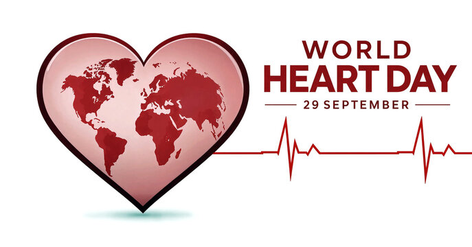 World heart day celebration with globe inside heart and heartbeat line design illustration