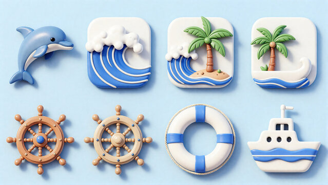 Nautical Theme 3D Icons Dolphin, Waves, Palm Trees, Ships, and Lifebuoys