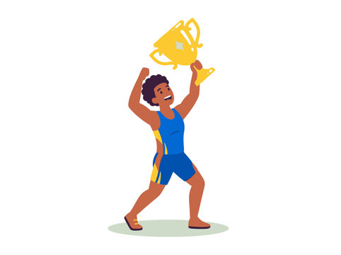 A joyful young athlete celebrating his victory by holding a golden trophy cup high.