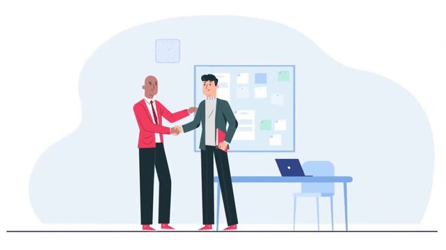 2D animation of two businessmen shaking hands in an office agreement partnership deal corporate concept