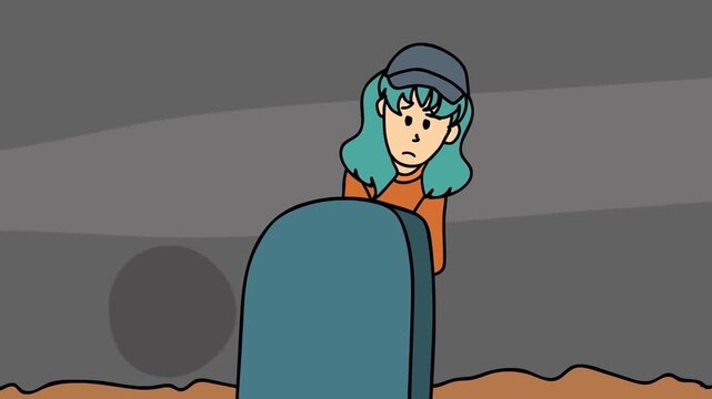 2D animation of a sad girl with blue hair standing near a tombstone grave mourning dark environment concept