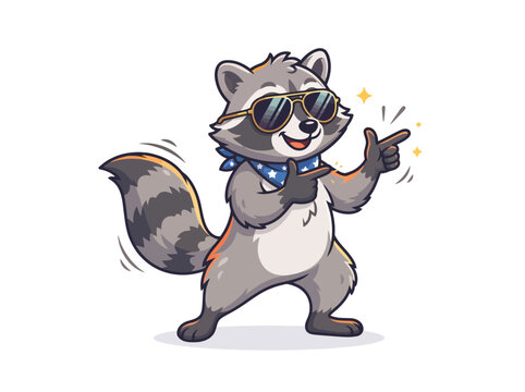 A cool cartoon raccoon wearing sunglasses and a polka dot scarf pointing with its fingers.