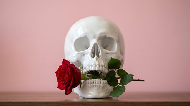 Human skull with a single red rose against a soft pink background