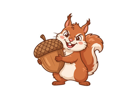 A cute cartoon squirrel happily holding a large brown acorn in its paws.