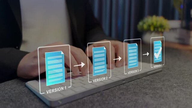 Document version control and revision history concept. digital files, change tracking, online document control, edit approval workflow, verified update
