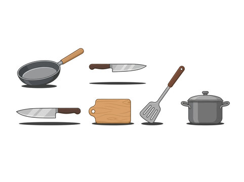 A collection of essential kitchen cooking utensils and cookware items illustrated in a flat style.
