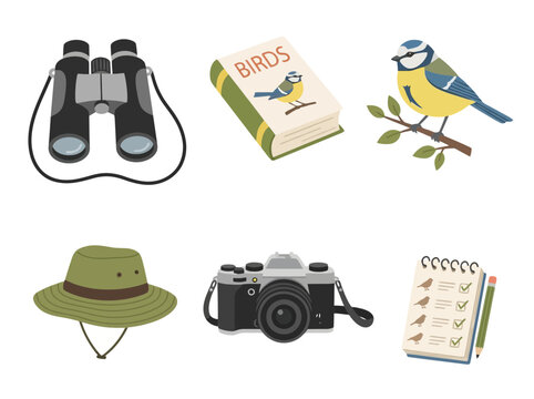 A collection of birdwatching equipment including binoculars a field guide a camera and a notebook.