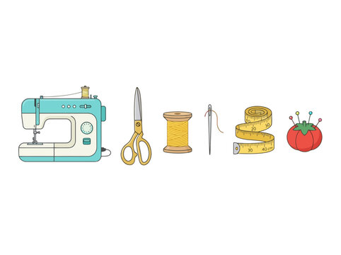 A collection of essential sewing tools including a machine scissors thread needle tape measure and pincushion.