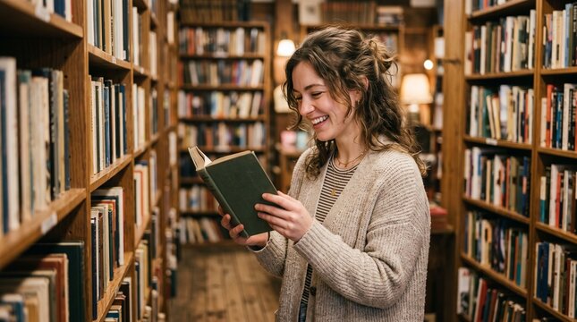 Woman reading book in library smiling while browsing wooden bookshelves at a cozy vintage bookstore during a quiet afternoon of leisure and study