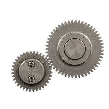 Two connected metal gears working together as a mechanical machine part isolated on transparent background