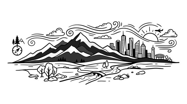 Doodle Landscape with Mountains and Cityscape