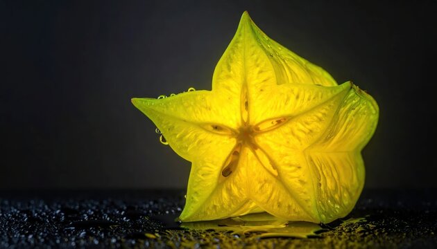 Close-up of a backlit star fruit slice with water droplets studio lighting dark background