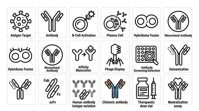 Set of medical icons showing antibody development and research process