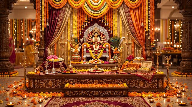Ornate altar with goddess durga idol and festival offerings